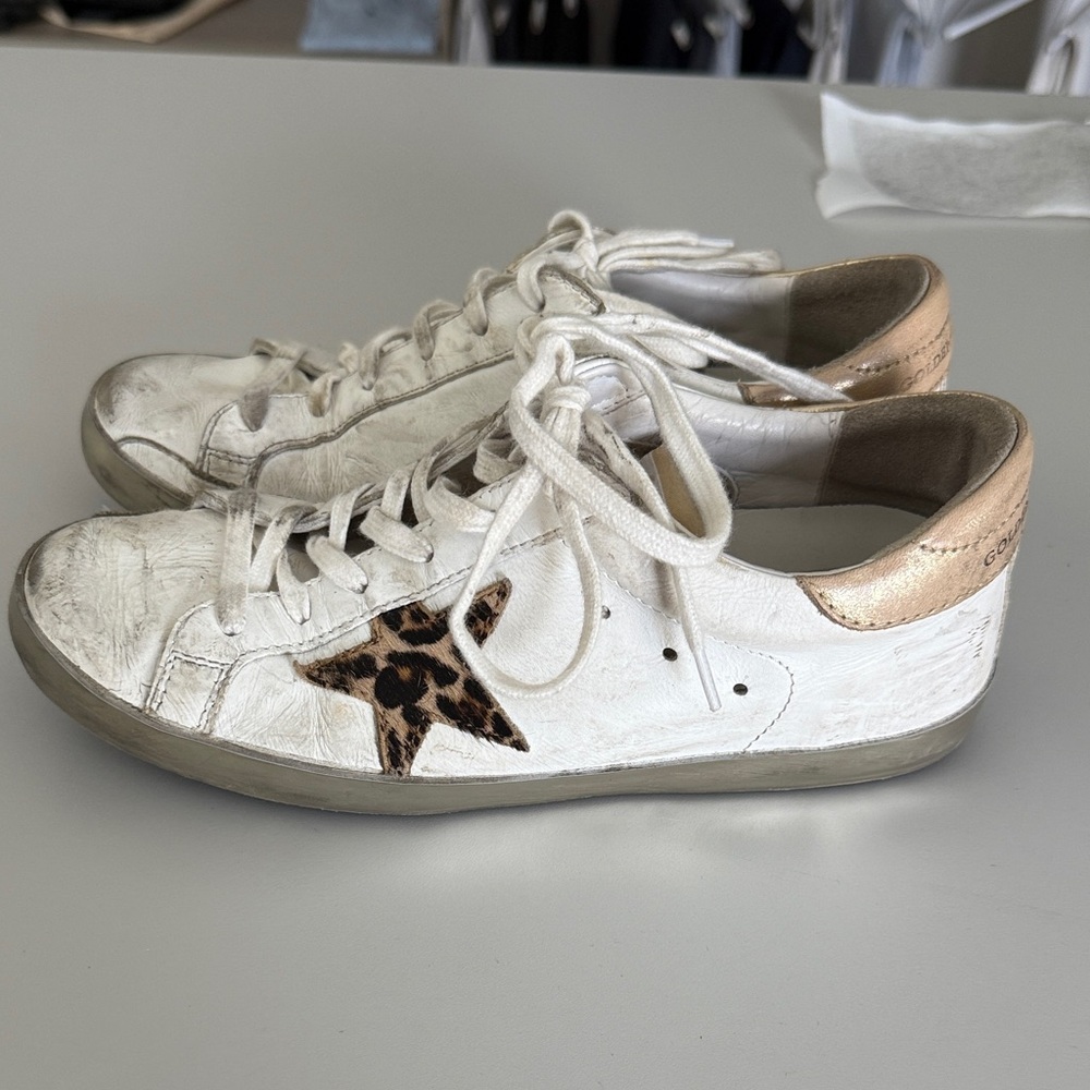Golden Goose Women's White Sneakers with Gold and Leopard Accents